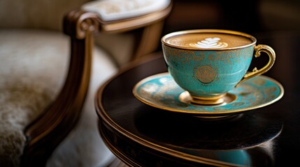 Elegant turquoise cup of coffee on a rich wooden table