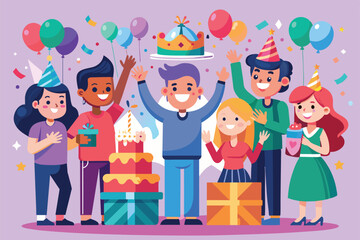 Fototapeta premium Friends gather in a colorful setting, celebrating a birthday with cake, gifts, and balloons, all filled with joy and excitement