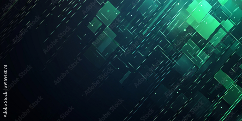 Poster dark background with green and blue geometric shapes, lines and blocks of color for tech or digital 