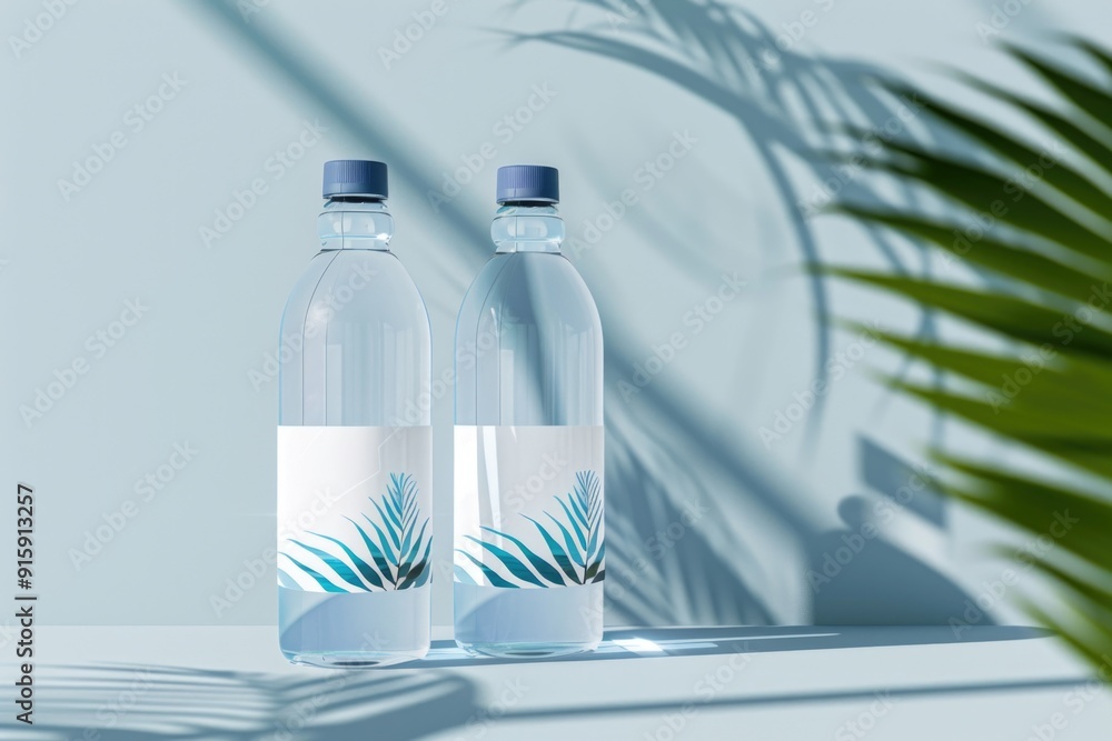 Poster two empty water bottles placed next to a small plant, ideal for illustrating the importance of hydra