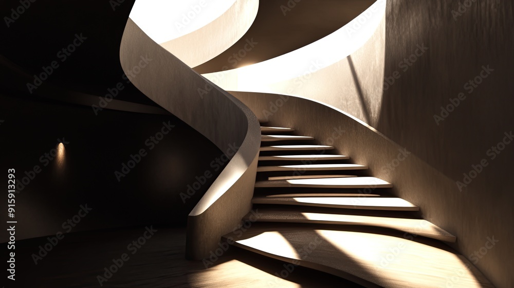 Sticker modern spiral staircase in a concrete building with sunlight streaming through the windows.