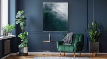 Green armchair in navy blue living room with silver painting