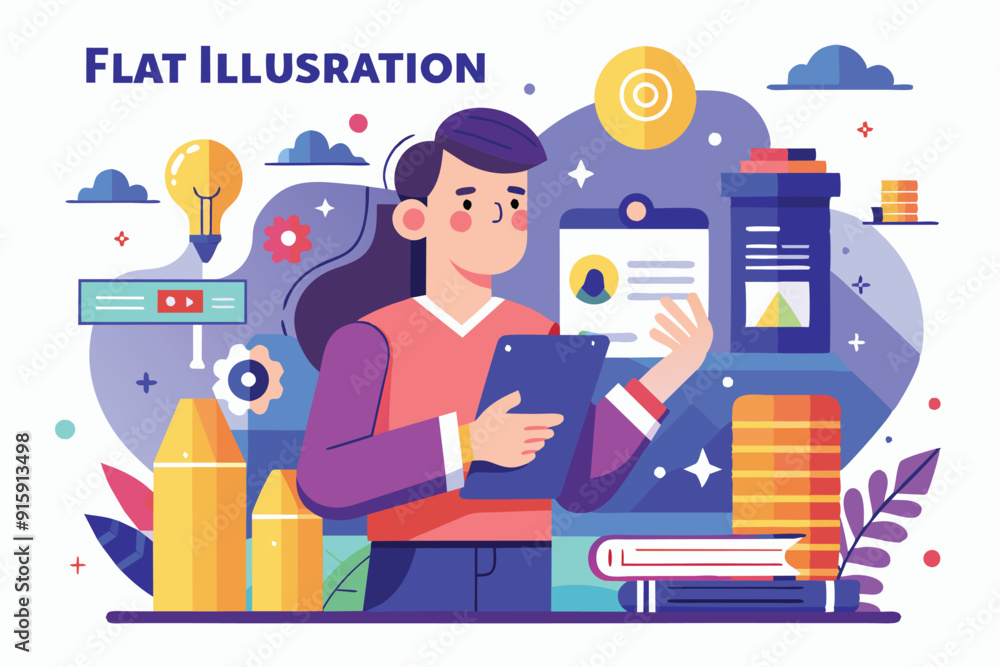 Poster a young professional is customizing a project while surrounded by colorful elements, including suppl