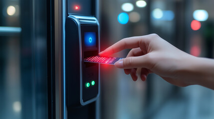 Businesswoman is holding a card near a reader to unlock the door of her office or laboratory