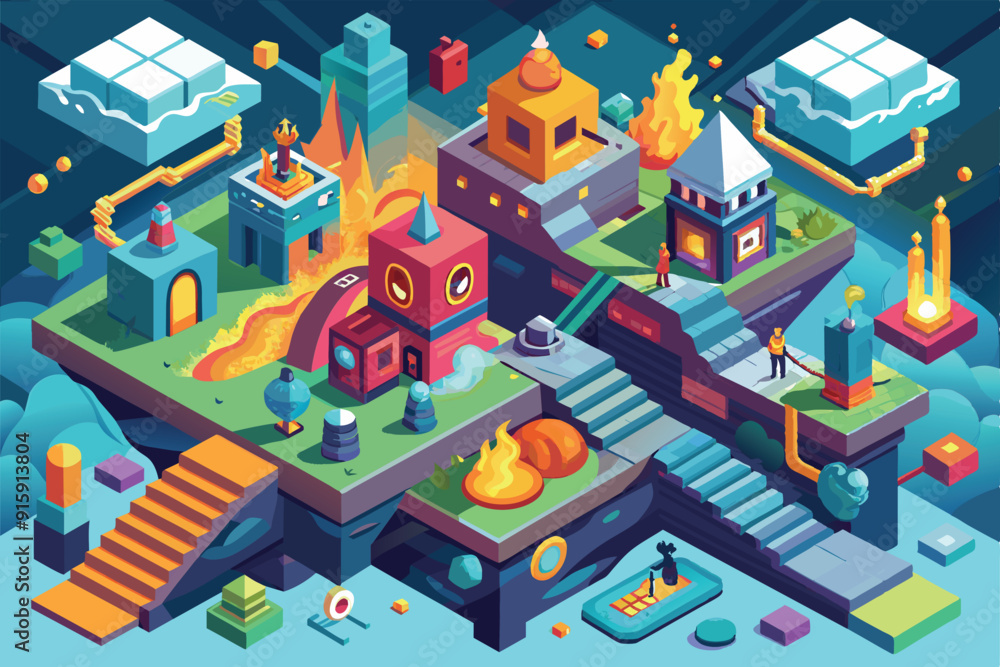 Poster a dynamic isometric landscape features fiery structures, floating elements, and characters navigatin
