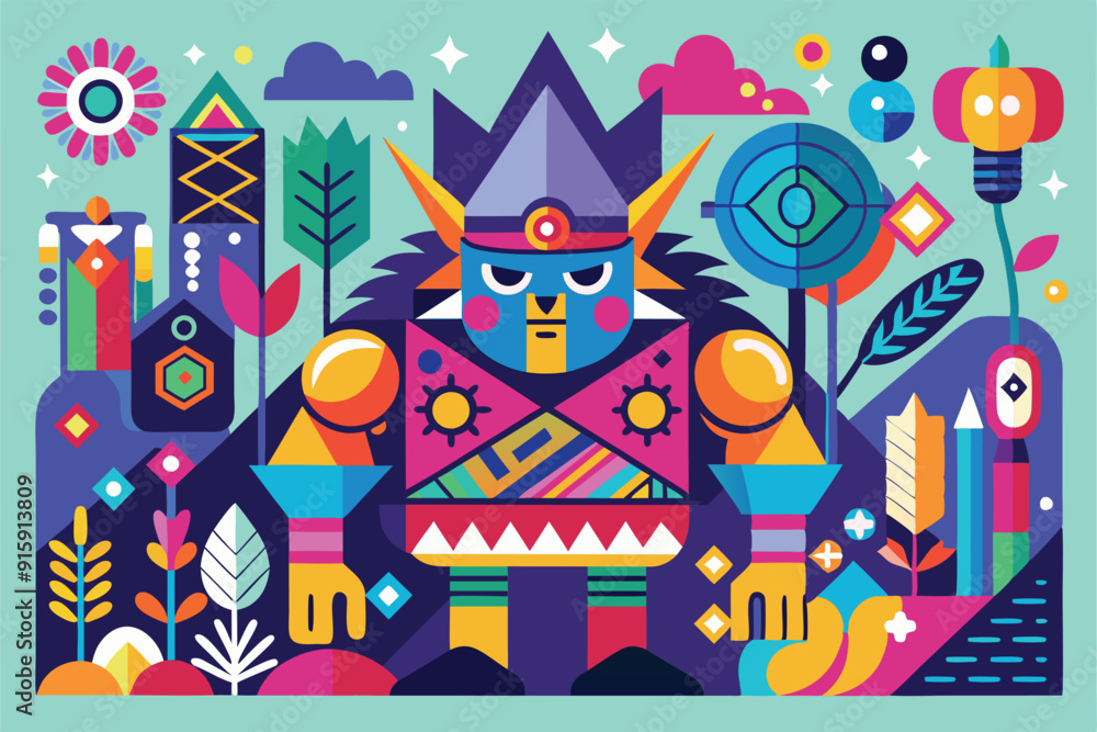 Poster A character skillfully draws colorful abstract patterns surrounded by plants and shapes in a lively outdoor setting