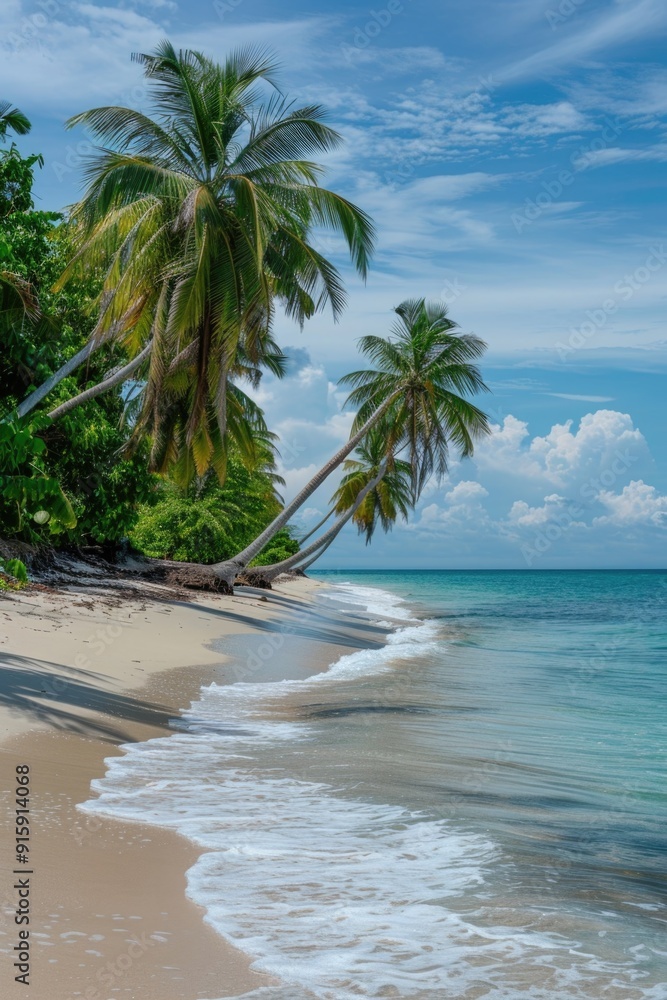 Poster a serene beach scene on a sunny day with palm trees swaying in the breeze