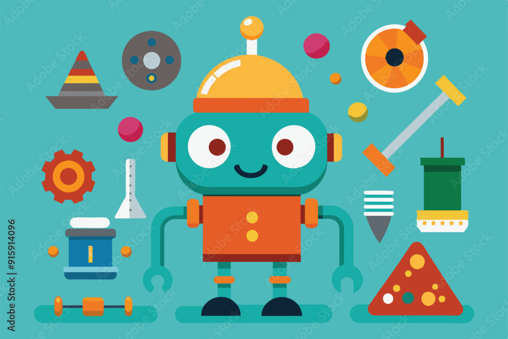 Aufkleber a cheerful cartoon robot stands in the center of various colorful customizable bits and accessories 