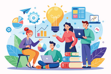 Team members brainstorm business project concepts using laptops, charts, and brainstorming tools in a vibrant office environment