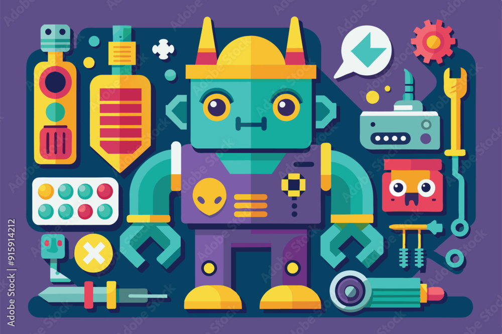 Aufkleber a customizable robot character sprue surrounded by various colorful bits and tools, showcasing a cre