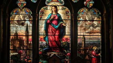 Obraz premium A beautiful stained glass window features a saint amidst intricate designs, illuminating the interior of the historic church