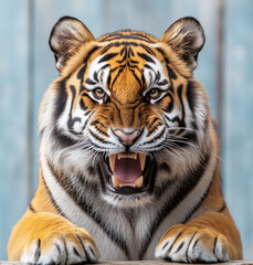 Fierce tiger growling with sharp teeth, exuding anger and aggression in a close up portrait against a blue background. Perfect for backgrounds, wallpapers, posters, or prints