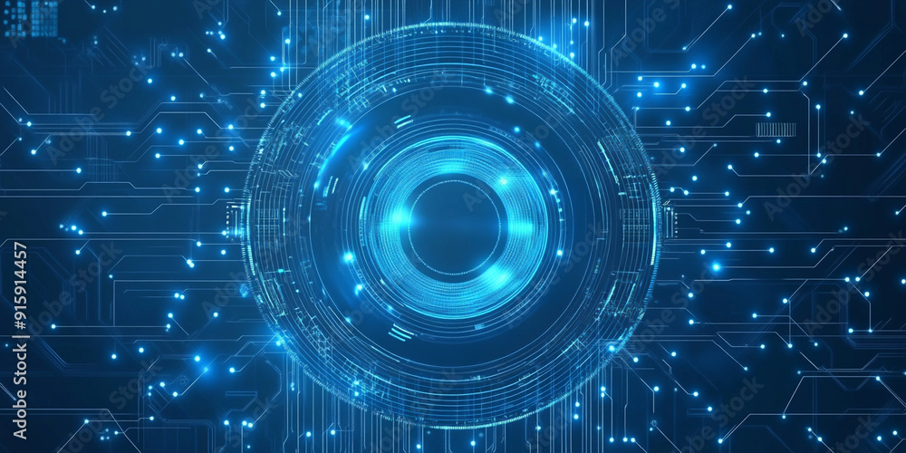 Poster blue technology background with glowing digital circles and circuit board elements