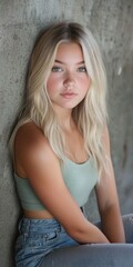 Naklejka premium College blonde girl sitting against a wall in casual attire