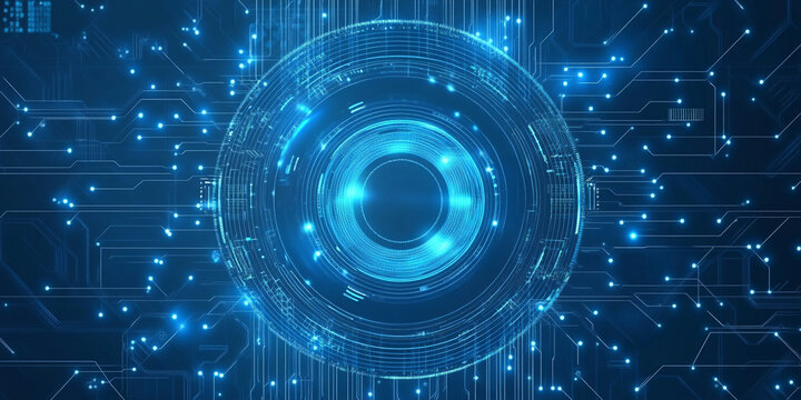 Blue technology background with glowing digital circles and circuit board elements
