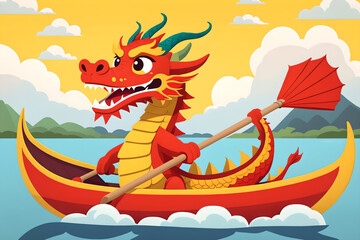 Red dragon rowing in a golden boat