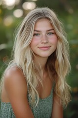 Naklejka premium College girl with blonde hair smiling outdoors during sunny afternoon