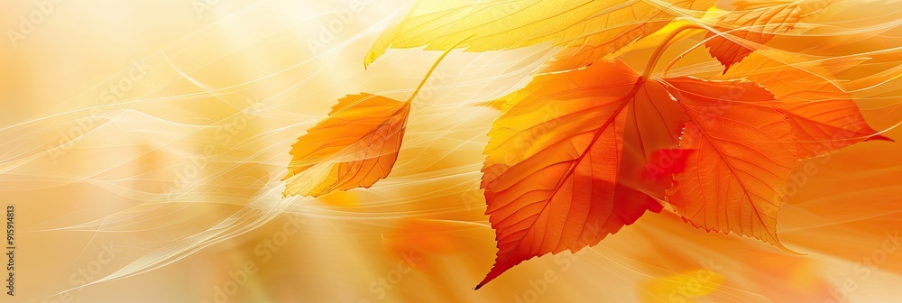 Poster autumn leaves in warm orange and yellow hues on a soft gradient background with gentle swirl pattern