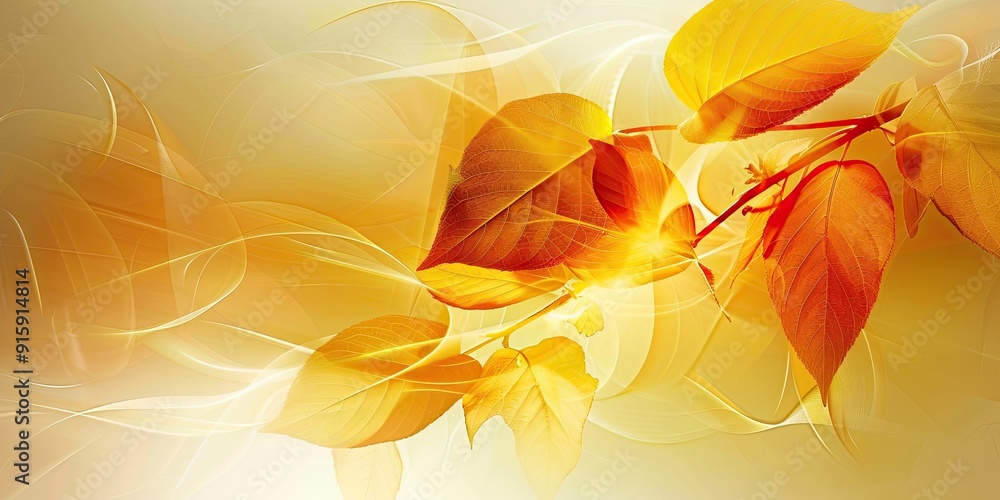 Poster autumn leaves in warm orange and yellow hues on a soft gradient background with gentle swirl pattern
