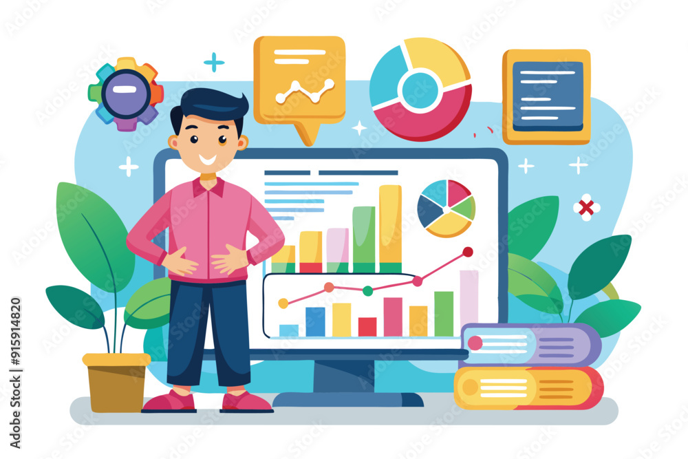 Poster a young boy interacts with a large screen displaying various charts and colorful data visualizations