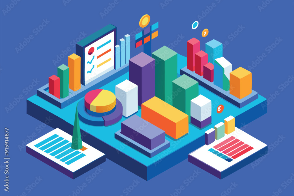Poster a vibrant isometric illustration showcases various customizable charts and graphs, highlighting data