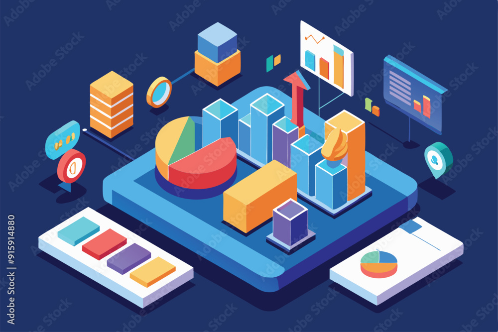 Poster colorful charts and graphs are presented in an isometric style, illustrating data analytics in a col