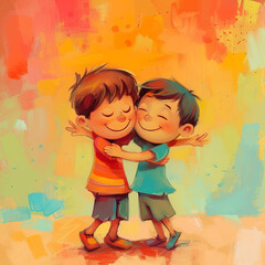 Two Smiling Boys Hugging with a Warm and Abstract Background.