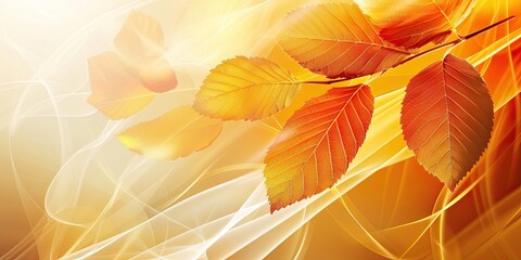 Autumn leaves swirling on a warm orange and yellow gradient background in a minimalist design