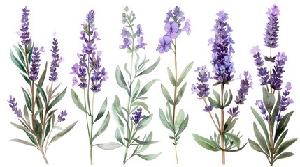 Fototapeta premium A watercolor illustration of a collection of 7 lavender sprigs isolated on a white background.