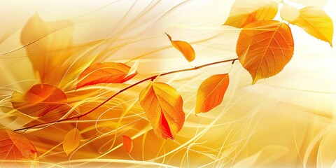 Autumn leaves gracefully swirling in warm orange and yellow hues on a delicate gradient background