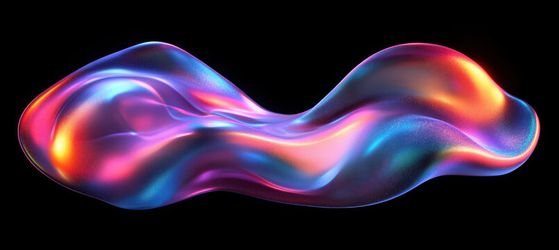 Bold holographic liquid blob shape isolated. Iridescent wavy melted substance on black background

