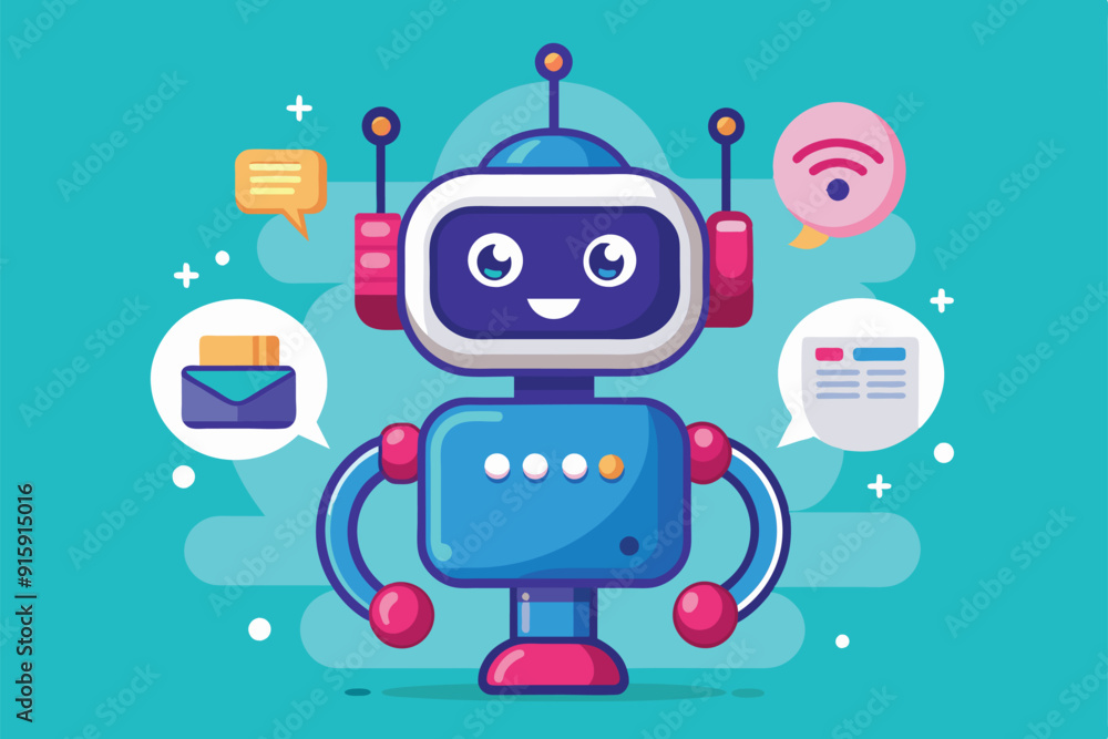 Poster a friendly cartoon chatbot showcases its customizable features while interacting with users through 