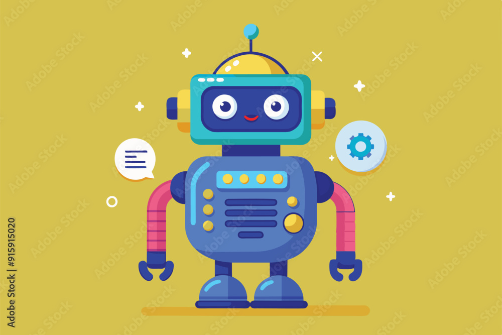 Poster a friendly chatbot character with colorful features presents customizable options, inviting interact