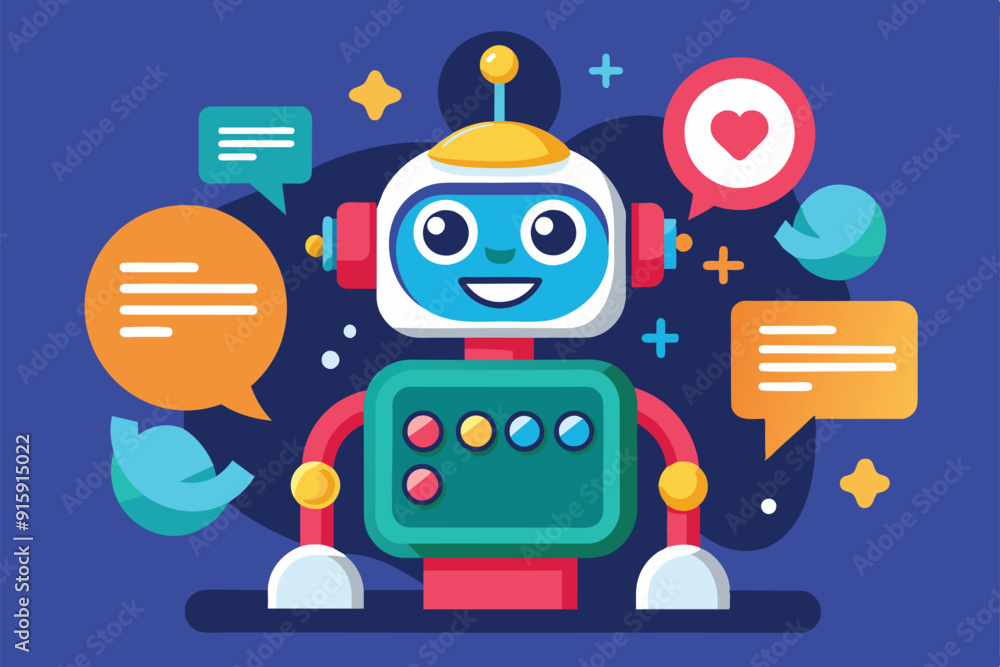 Poster a cheerful cartoon chat bot interacts with various colorful speech bubbles, showcasing its customiza