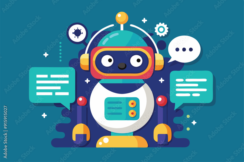 Poster a cheerful chat bot interacts with users, displaying messages in thought bubbles and showcasing cust