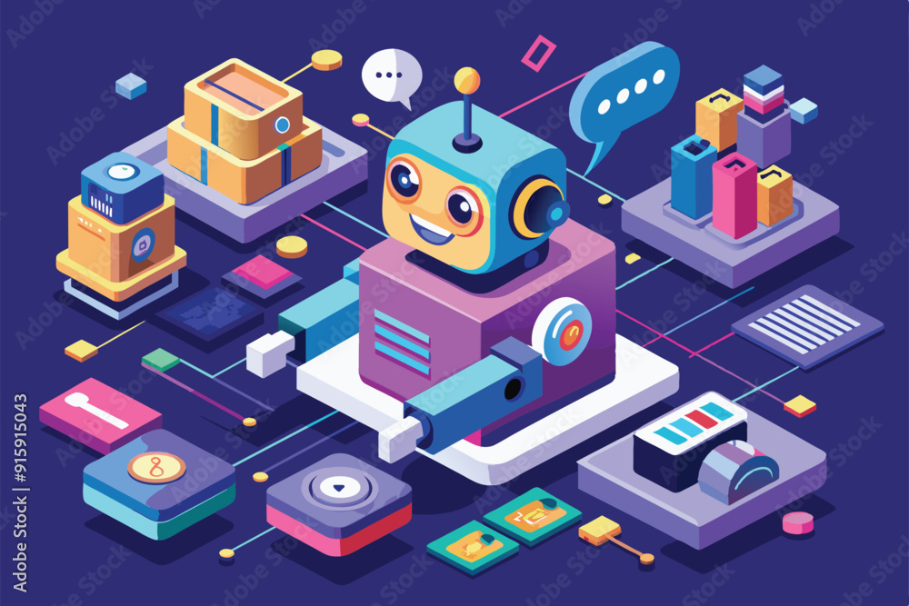 Poster a cheerful chat bot interacts with various digital elements, showcasing a vibrant workspace filled w