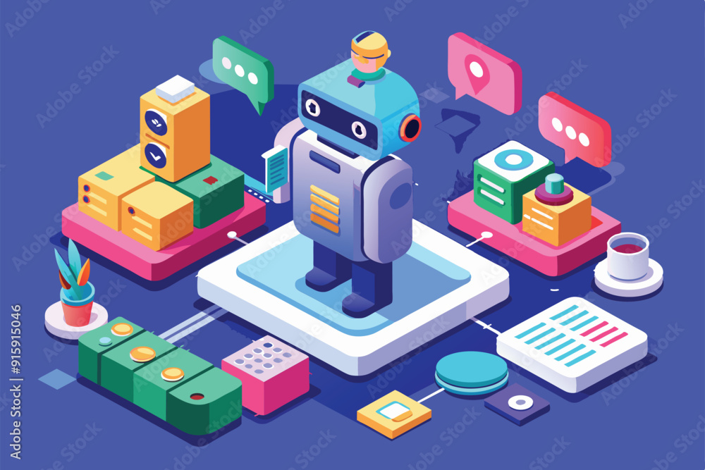 Aufkleber a chat bot stands in the center, interacting with various digital tools and resources in a vibrant, 