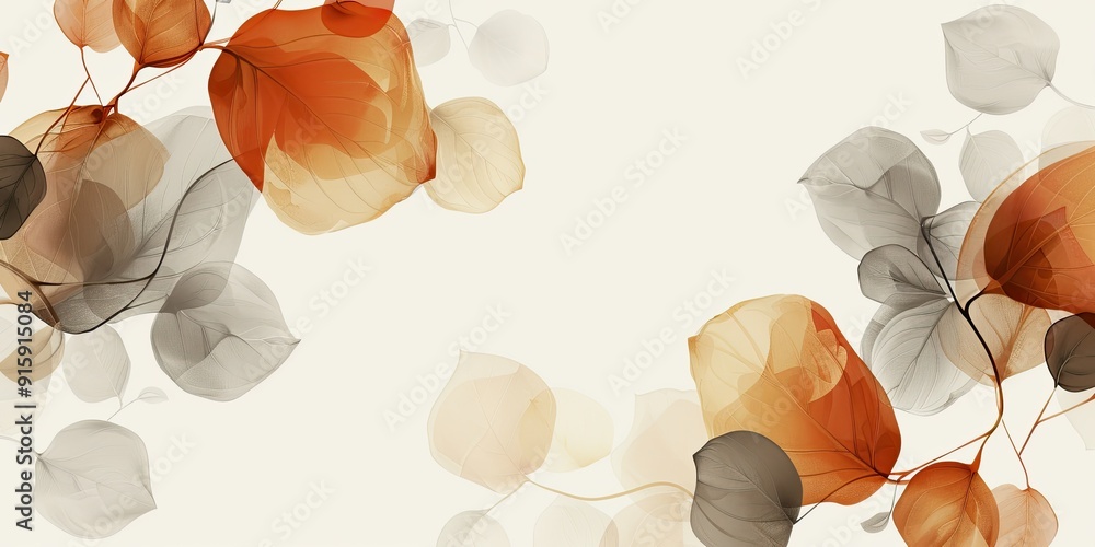 Poster autumn leaves in warm colors against a light background, creating a minimalist and elegant design fo