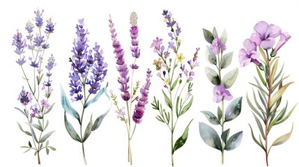 Naklejka premium Seven watercolor illustrations of different purple flowers with green leaves against a white background.
