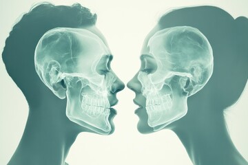 Obraz premium Minimalist Close-Up of Man and Woman Facing Each Other with Transparent Skull Overlay for Medical and Art Design