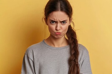 Obraz premium Minimalist Close-Up Portrait of a Pouting Woman on Yellow Background