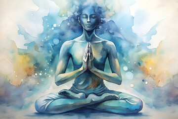 A woman is sitting in a lotus position with her hands clasped in front of her chest. The painting is a representation of meditation and inner peace