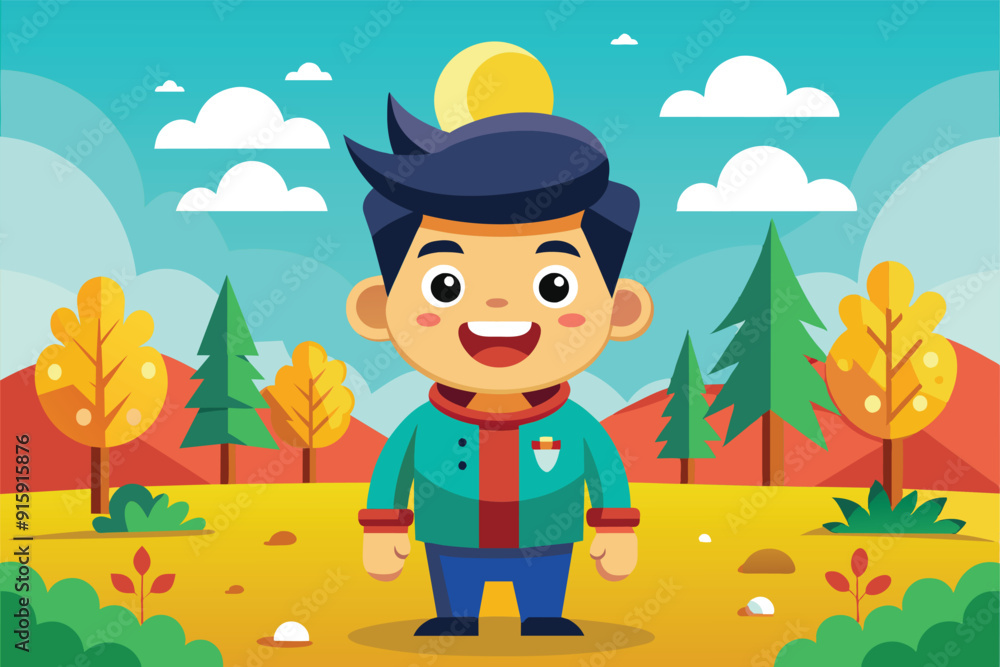 Poster a joyful cartoon character stands in a vibrant autumn setting surrounded by colorful trees and a bri