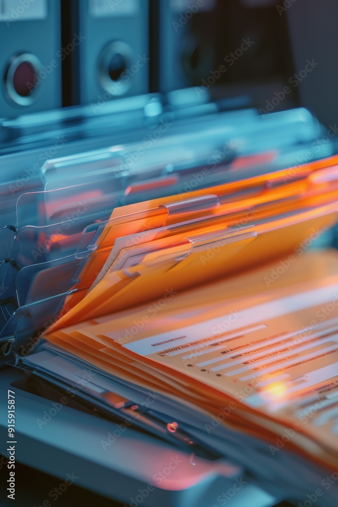 Poster A group of colorful folders sit neatly stacked on a desktop, perfect for organizing documents and papers