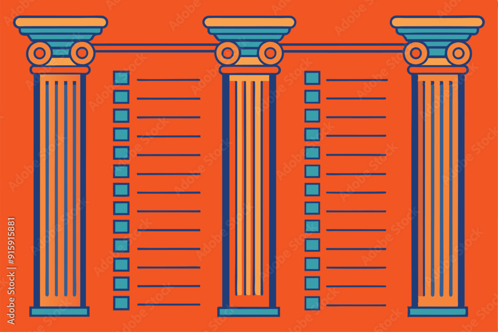 Poster three artistic columns stand tall with lined lists alongside them on a vibrant orange backdrop, merg
