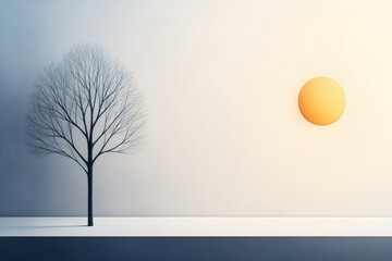 Minimalist Winter Landscape With Bare Tree and Sun