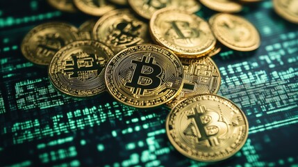 A pile of Bitcoin coins with a digital background featuring blockchain graphics, showcasing modern finance.