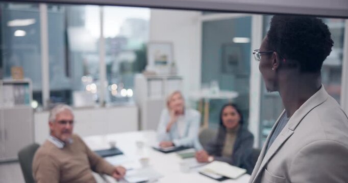 Businessman, glass and writing in meeting for presentation, project proposal and sales pitch for investors. Clients, people and value proposition for partnership, collaboration and b2b planning.