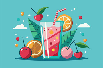 Naklejka premium A bright cherry drink is artfully arranged with oranges, cherries, and green leaves, creating a refreshing tropical vibe perfect for a summer day