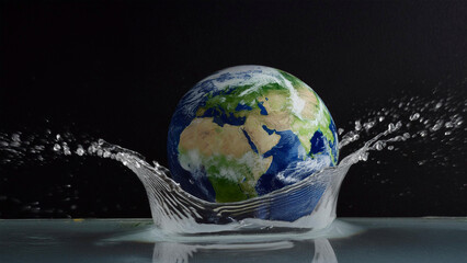 Globo terrestre com splash na agua, aquecimento global, o planeta conceitual para ciência e tecnologia, planeta submerso. © Hermes Bezerra 